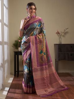 Akhilam - Women's Manipuri Silk Grey Digital Print Designer Saree with Unstitched Blouse