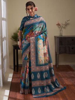 Akhilam - Women's Manipuri Silk Teal Blue Digital Print Designer Saree with Unstitched Blouse