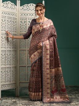 Akhilam - Women's Manipuri Silk Grey Digital Print Designer Saree with Unstitched Blouse