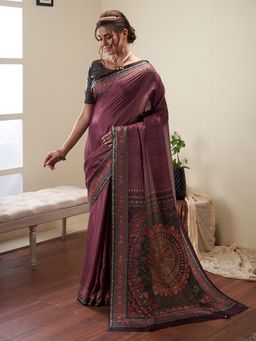 Akhilam - Women's Silk Blend Wine Digital Print Designer Saree with Unstitched Blouse