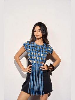 Clothes on my mind - Blue Embellished A-Line Mini Drama Dress