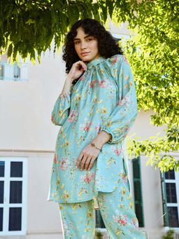 Karaj Jaipur - Ocean Blue Turtle Neck Co-Ord Set