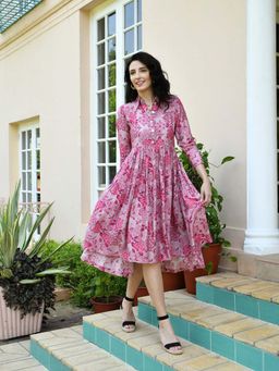 Karaj Jaipur - Rouge Pink Muslin Midi Dress