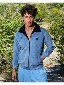 Campus Sutra - Mens Blue Zip-Front Fleece Detail Jacket