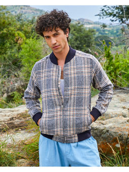 Campus Sutra - Mens Grey Tartan Plaid Ribbed Hem Jacket