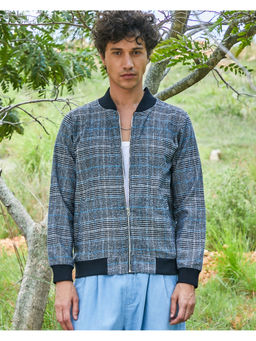 Campus Sutra - Mens Black Tartan Plaid Ribbed Hem Jacket