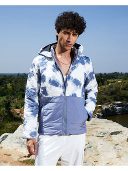 Campus Sutra - Mens White & Blue Tie-Dye Block Puffer Jacket