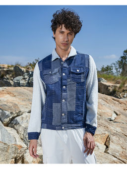 Campus Sutra - Mens Navy Blue Fleece Block Denim Jacket