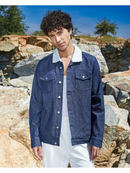 Campus Sutra - Mens Denim Blue Fleece Polka Dot Denim Jacket