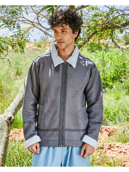 Campus Sutra - Mens Moon Grey Fleece Lined Biker Jacket