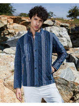 Campus Sutra - Mens Navy Blue Striped Quilted Bomber Jacket