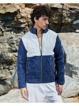 Campus Sutra - Mens Navy Blue & Light Blue Contrast V Quilted Puffer Jacket