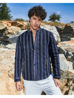Campus Sutra - Mens Navy Blue Striped Quilted Bomber Jacket
