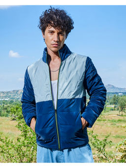 Campus Sutra - Mens Blue Contrast V Quilted Puffer Jacket