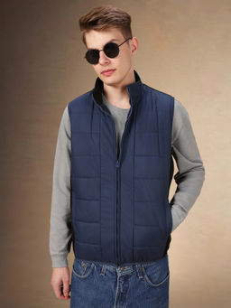 Dennis Lingo - Mens Navy Blue Solid Polyester Regular Fit Sleeveless Gilet Jacket