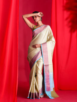 Beatitude - Cream Woven Banarasi Saree with Unstitched Blouse
