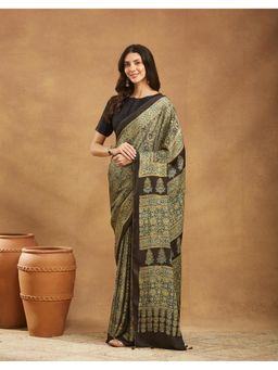 Fabindia - Black Modal Ajrakh Printed Saree Without Blouse