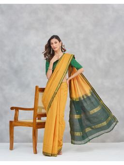 Fabindia - Mustard Cotton Blend Saree Without Blouse
