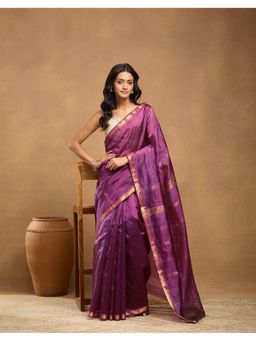 Fabindia - Wine Silk Blend Jamdani Saree Without Blouse