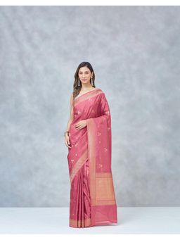 Fabindia - Pink Silk Blend Bansari Saree Without Blouse