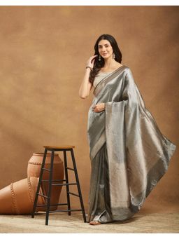 Fabindia - Grey Metallised Fiber and Silk Blend Bansari Saree Without Blouse