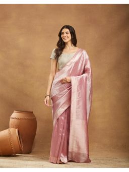 Fabindia - Pink Metallised Fiber and Silk Blend Bansari Saree Without Blouse