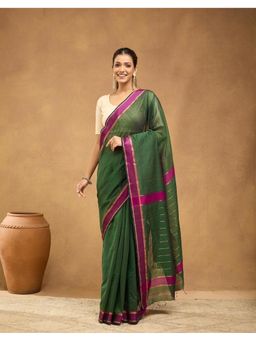 Fabindia - Green Cotton Silk Blend Saree Without Blouse