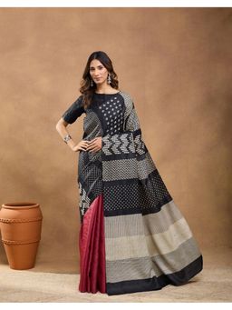 Fabindia - Black Silk Hand Block Printed Saree Without Blouse