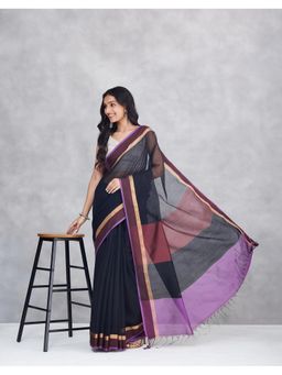 Fabindia - Black Cotton Silk Blend Hand Woven Saree Without Blouse
