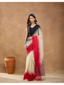 Fabindia - Beige Cotton Blend Woven Saree Without Blouse