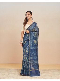 Fabindia - Indigo Cotton Silk Blend Dabu Printed Saree Without Blouse