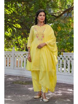 Scakhi - Yellow Mulmul Embroidered Kurta with Pant and Dupatta