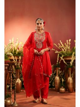 Scakhi - Red Organza Embroidered Kurta with Salwar and Dupatta