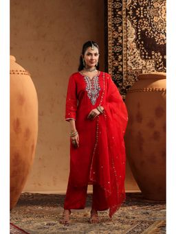 Scakhi - Red Organza Embroidered Kurta with Pant and Dupatta