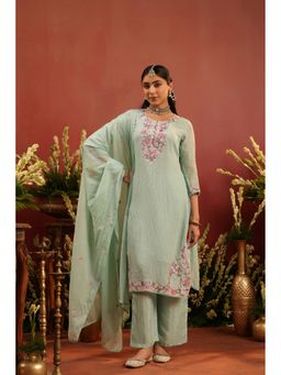Scakhi - Green Chanderi Silk Embroidered Kurta with Pant and Dupatta