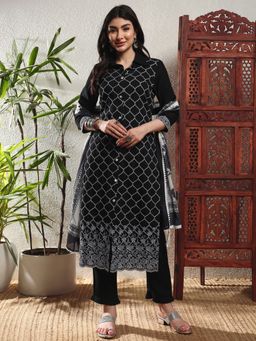Shopping Queen - Women Black Viscose Geometric Kurta and Pant with Dupatta