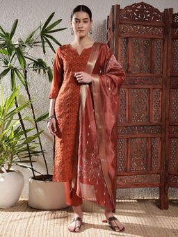 Shopping Queen - Women Orange Silk Embroidered Kurta and Pant with Dupatta