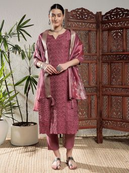 Shopping Queen - Women Pink Silk Embroidered Kurta and Pant with Dupatta