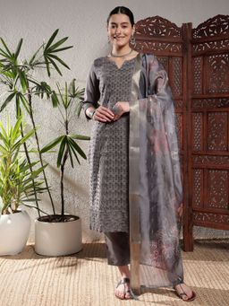 Shopping Queen - Women Grey Silk Embroidered Kurta and Pant with Dupatta