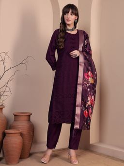 Shopping Queen - Women Purple Viscose Embroidered Kurta and Pant with Dupatta