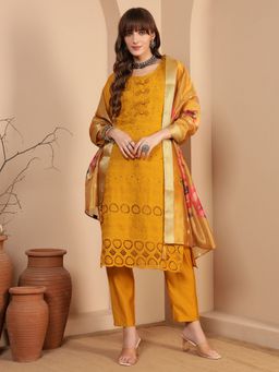 Shopping Queen - Women Yellow Viscose Embroidered Kurta and Pant with Dupatta