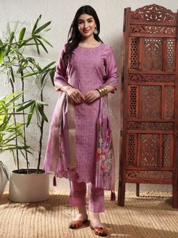 Shopping Queen - Women Purple Viscose Embroidered Kurta and Pant with Dupatta