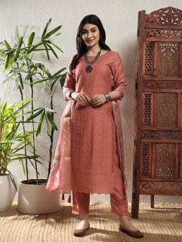 Shopping Queen - Women Orange Viscose Embroidered Kurta and Pant with Dupatta