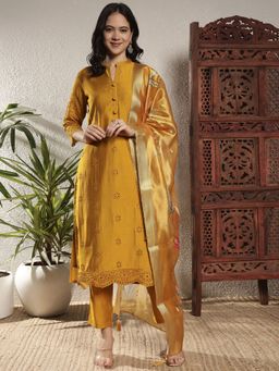 Shopping Queen - Women Yellow Viscose Embroidered Kurta and Pant with Dupatta