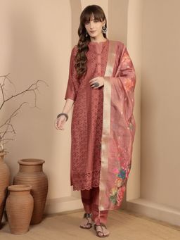Shopping Queen - Women Orange Viscose Embroidered Kurta and Pant with Dupatta