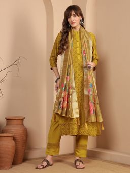 Shopping Queen - Women Yellow Viscose Embroidered Kurta and Pant with Dupatta