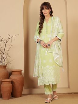 Shopping Queen - Women Green Viscose Embroidered Kurta and Pant with Dupatta
