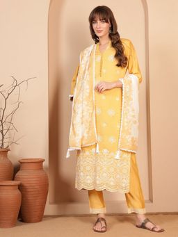 Shopping Queen - Women Yellow Viscose Embroidered Kurta and Pant with Dupatta