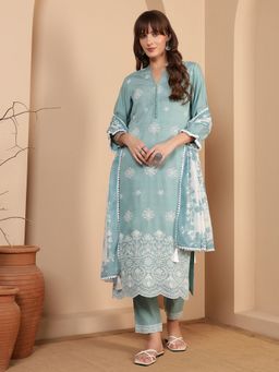 Shopping Queen - Women Blue Viscose Embroidered Kurta and Pant with Dupatta