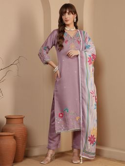 Shopping Queen - Women Purple Viscose Embroidered Kurta and Pant with Dupatta